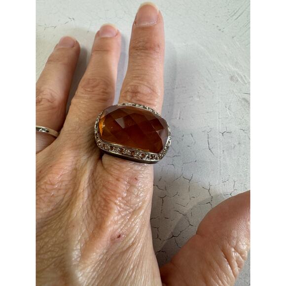 Bold Amber Stone Black Enamel Statement Ring Size 9 - Picture 5 of 11